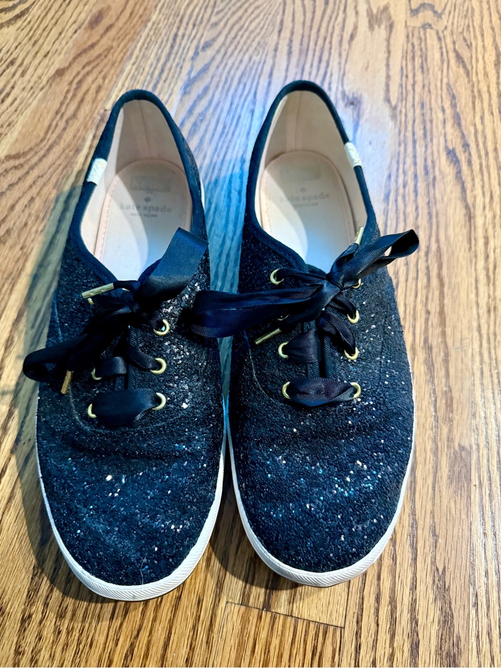 kate spade black glitter ribbon-lace sneakers